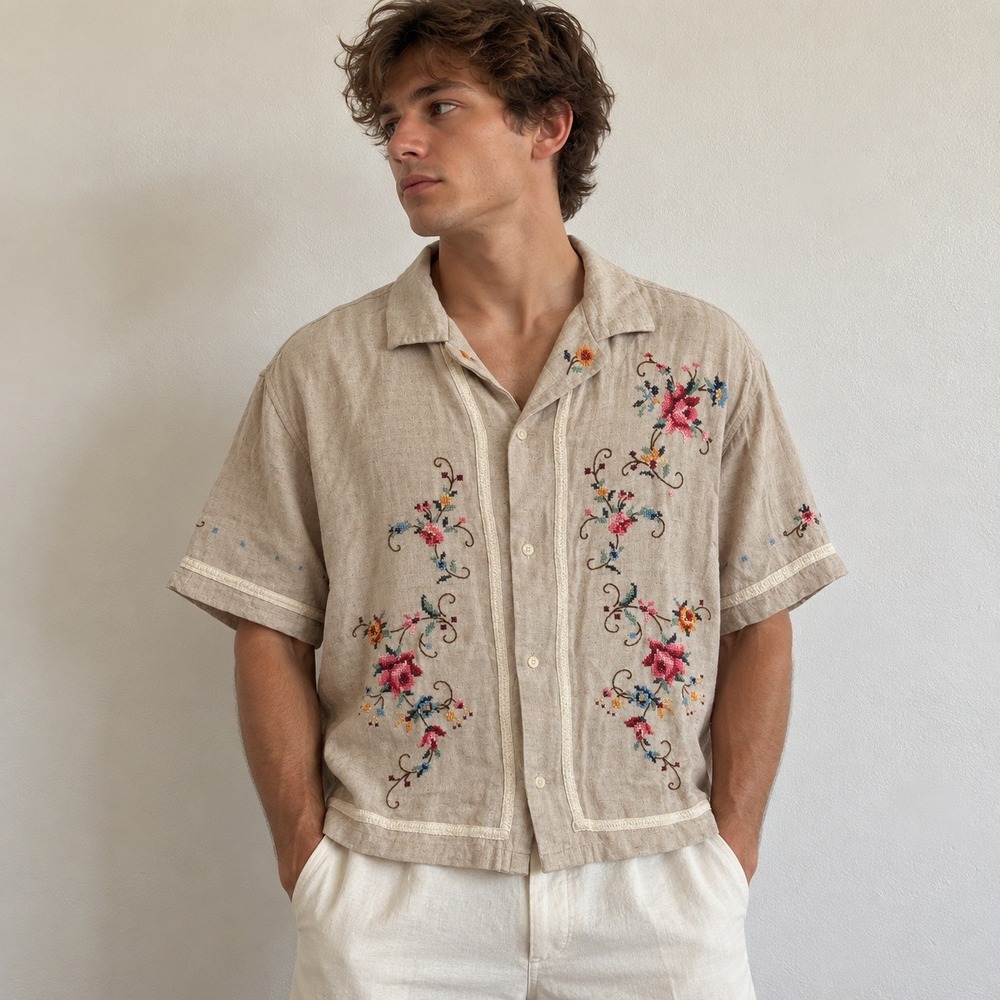 Abercrombie & Fitch Mens Shirt Medium Beige Embroidered Linen Blend Cropped Boho